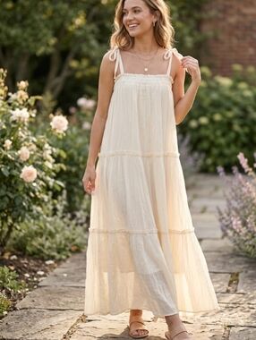 Shop Talulah Cream Tiered Boho Maxi Dress - Size M (NWOT)